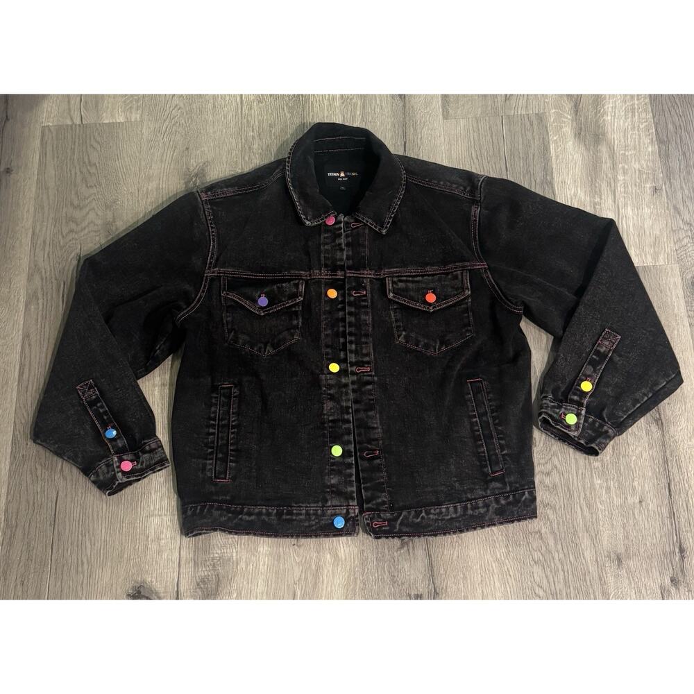 Teddy Fresh Black Denim Jean Trucker Jacket Colorful Stitching Buttons Sz S EUC